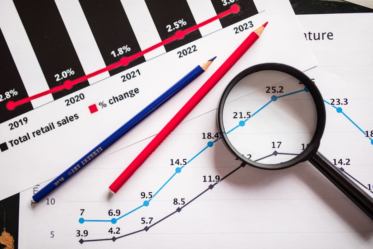 Magnifying glass and colored pencils on a printed chart of year-over-year growth