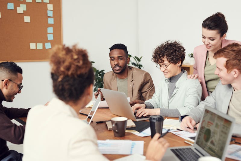 Team working together at laptops around a meeting table