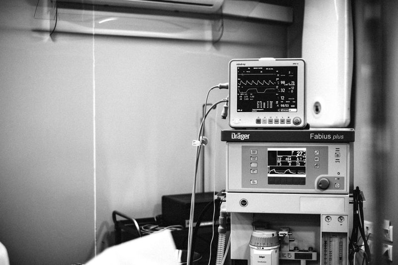 Modern anesthesia machine with vital signs monitor in a hospital operating room