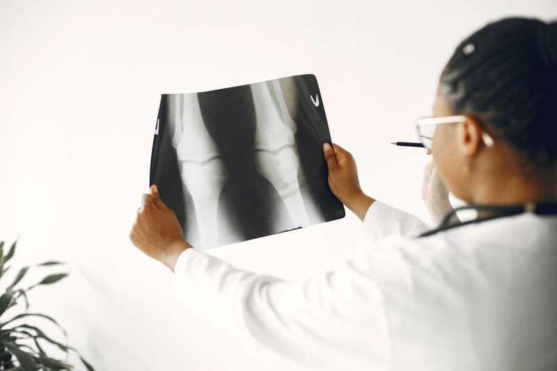 Orthopedic physician examining a knee X-ray while evaluating a patient