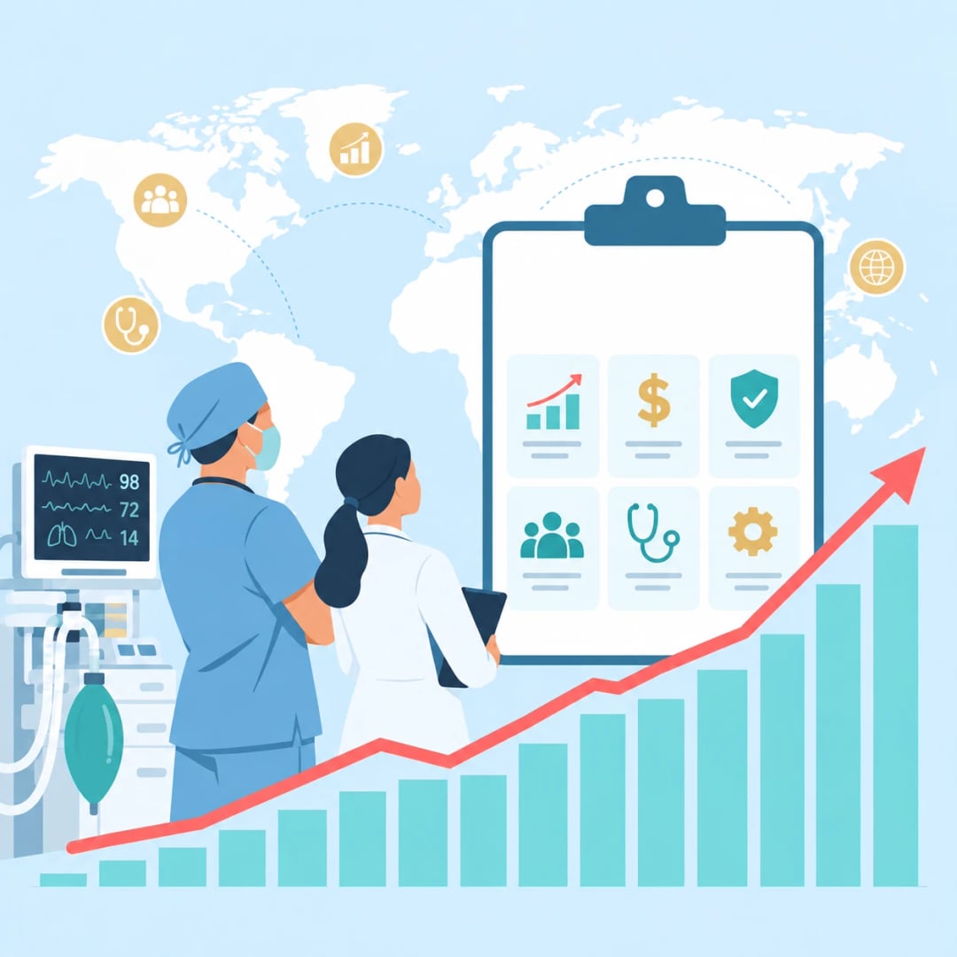 Two clinicians beside an anesthesia workstation reviewing a revenue cycle dashboard and a rising growth chart.