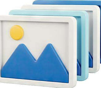 Stack of small framed landscape photos in white frames, with blue mountains and a yellow sun.