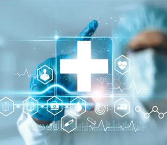 Gloved hand points at a holographic medical interface featuring a white cross and floating health icons.